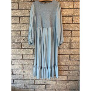Ingrid & Isabel Womens XL Blue Smocked Long-Sleeve Midi Dress With Ruffle Hem